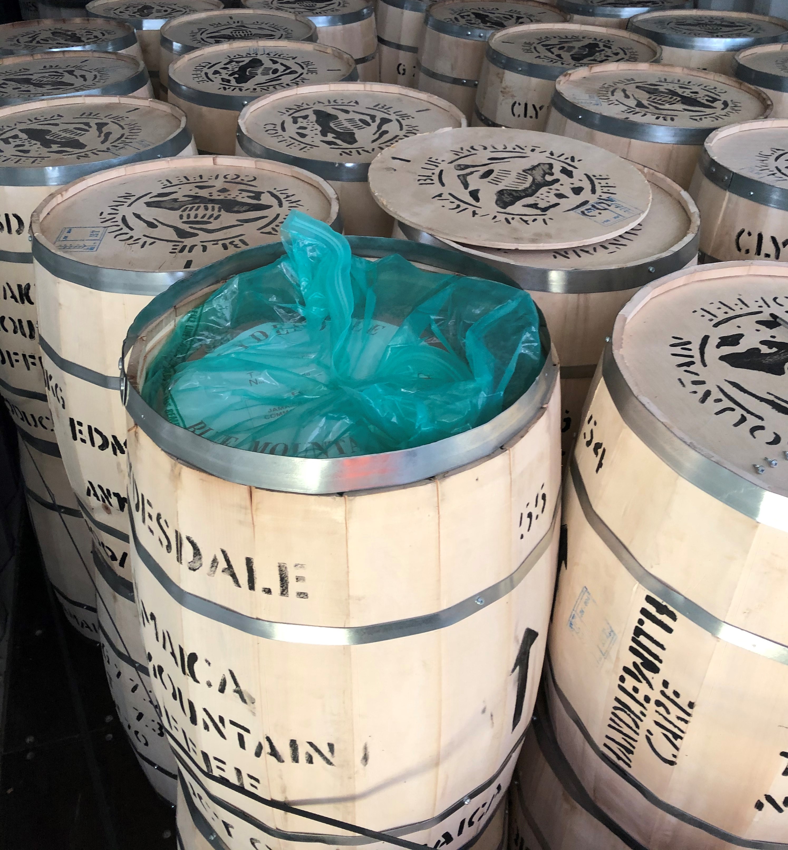 Barrels of Blue Mountain coffee beans